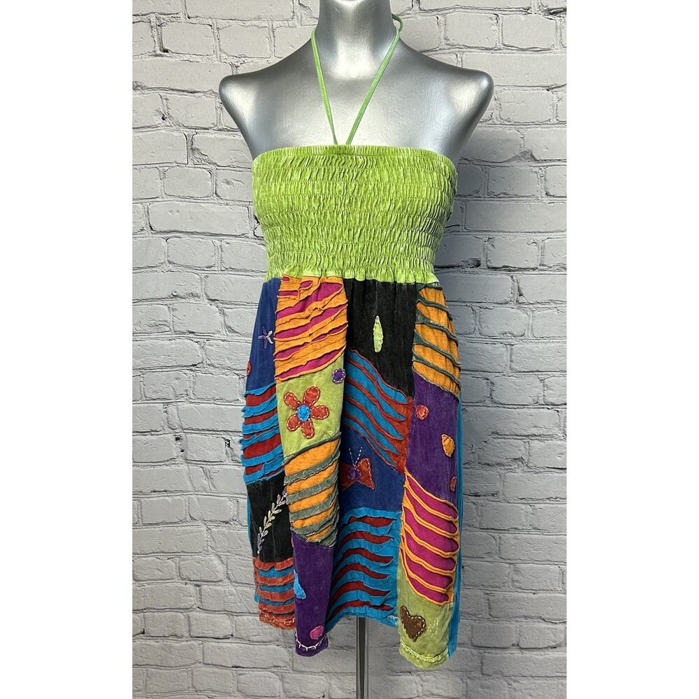 Y2K Boho Patchwork Mini Dress Indie Festival Smocked Halter Colorful Hippie